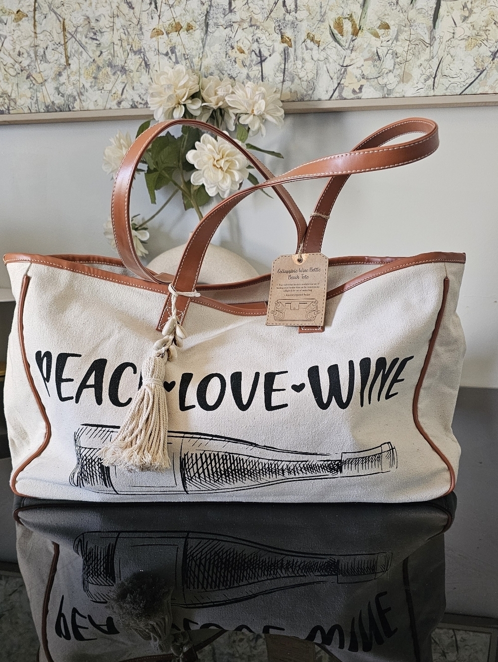Magid NYC Canvas White Tote Peace Love Wine